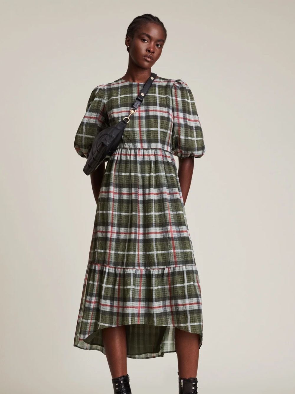 All Saints Sz 4 Sadie Checker Green Puff Sleeves Tiered Midi Dress